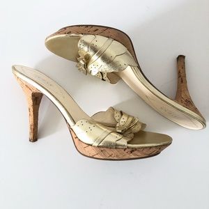 GUESS “Angela” gold leather cork heels shoes 9.5